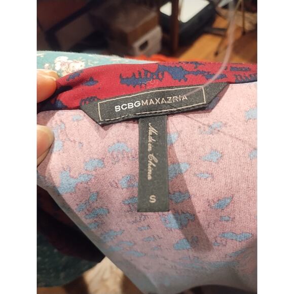 BCBG Max Azria Maroon Navy blue Animal Print Wrap Tie Dress Size Small career - Picture 9 of 11